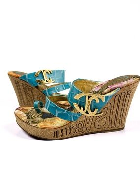 Just Cavalli Blue Croc Cork Wedge Sandals Gold JC Logo Seashell Print Y2K